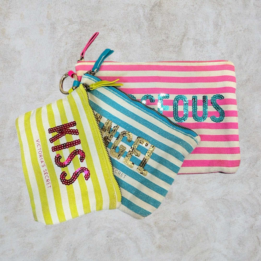 Victoria’s Secret 3 Makeup Pouch Bag Kiss Angel Gorgeous Green Blue Pink Sequin